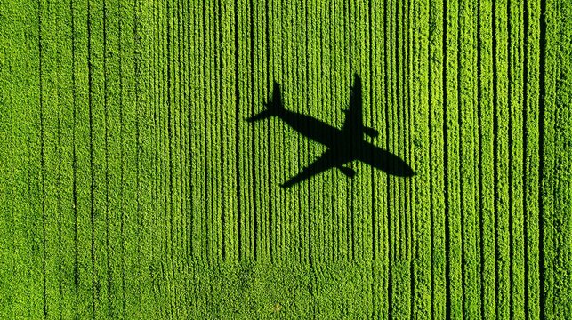 Aerial view of a plane shadow over fields.