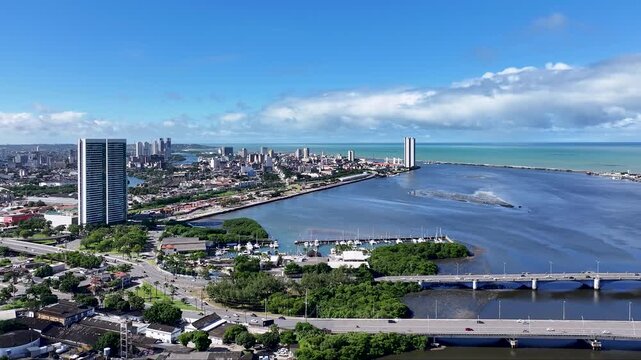 Riverfront Scene In Recife Pernambuco Brazil. Aerial View Of A Bustling City With High-Rise Buildings And Traffic. Town Sky Background Backgrounds Urban. Town Panoramic City. Recife Pernambuco.