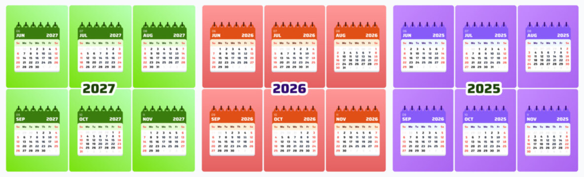 Quarterly calendar collection featuring June, July, and August layouts for 2026 and 2027. Colorful vector planner template designed for scheduling, business organization, and productivity management