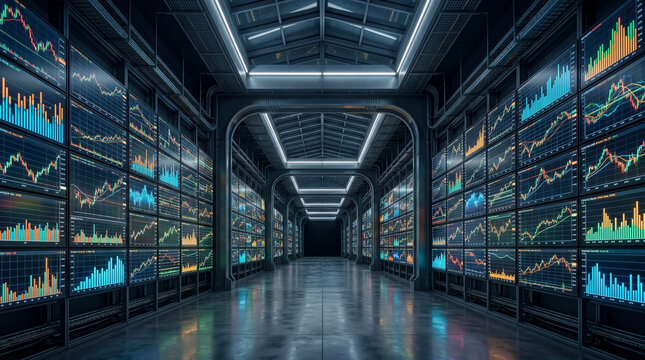 Futuristic data visualization of a high-tech corridor of light panels displaying successful algorithmic trading sequences