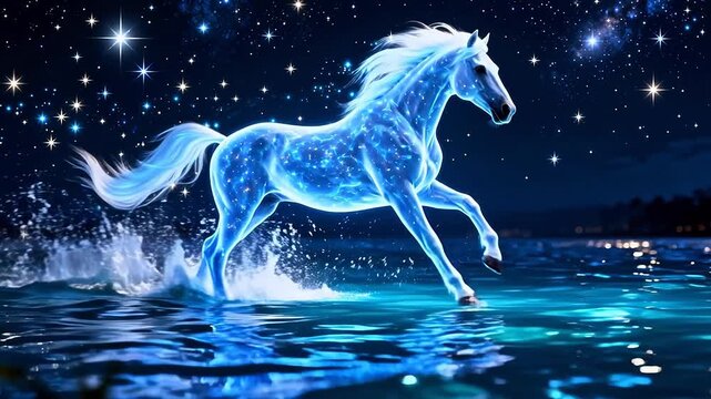 Glowing horse running in water