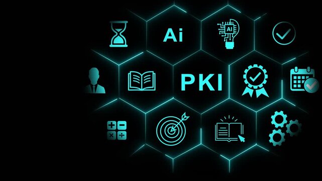 Pki public key infrastructure concept with glowing digital and hexagonal network interface for cybersecurity and data encryption technology