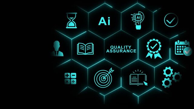 Assurance and ai technology concept with digital hexagon automated testing and software development process infographic animation