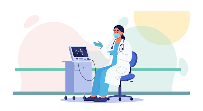 Doctor and ECG machine in medical office, healthcare illustration