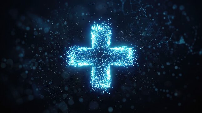 A bright blue plus sign is formed from shimmering, digital particles against a dark, blurred background. The particles create a dynamic and energetic effect, suggesting innovation and connectivity.