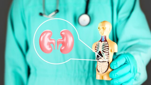 A healthcare professional presents an anatomical model next to the kidneys. Concept of kidney health, nephrological care, metabolic function, fluid balance, and prevention of chronic kidney failure.