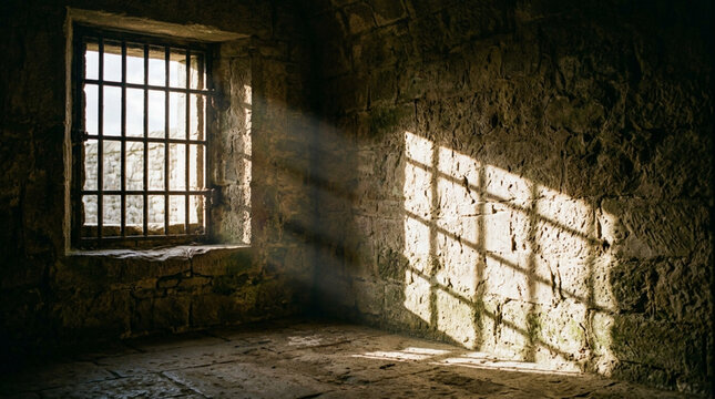 Sunlight streaming through a barred window in a stone prison cell