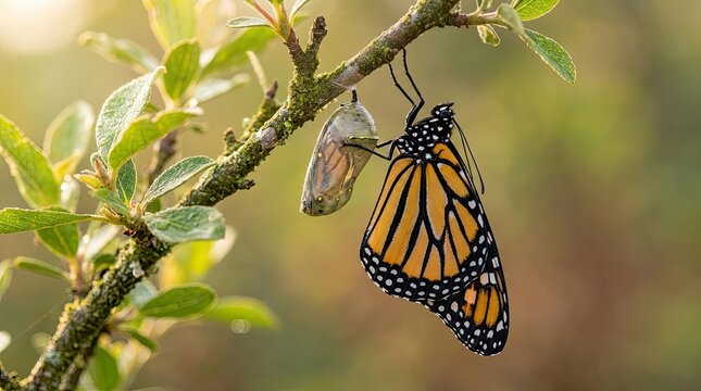 A monarch butterfly emerges from its chrysalis on a branch. The butterfly is fully formed with vibrant orange and black wings.