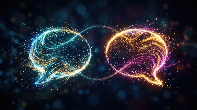 Two glowing speech bubbles intertwine with streams of light, creating a dynamic and abstract communication effect.