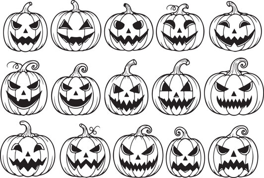 12 Halloween pumpkin icons set. Vintage funny pumpkins isolated on white background. Monsters faces. Design elements for logo, badges, banners, labels, posters. Vector illustration