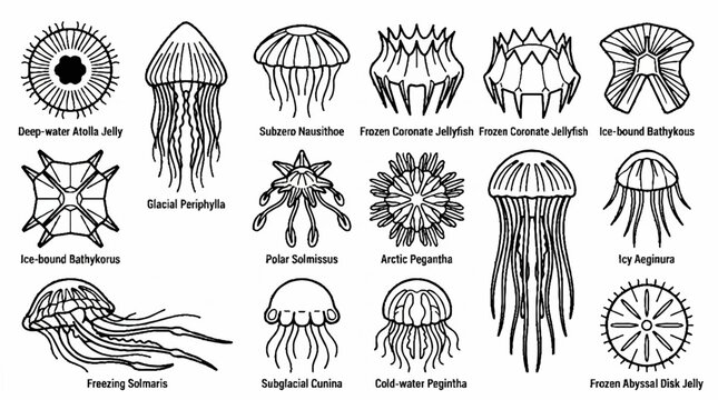 Vintage Scientific Illustration of Various Jellyfish Species in Black and White Line Art Style.