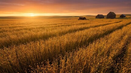 Obraz premium The image captures a breathtaking golden sunset over a vast, undulating field of ripe wheat. Several weathered farmhouses stand in the distance, silhouetted against the vibrant sky.