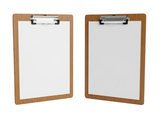 Two wooden clipboards with blank white paper sheets for notes isolated on transparent background