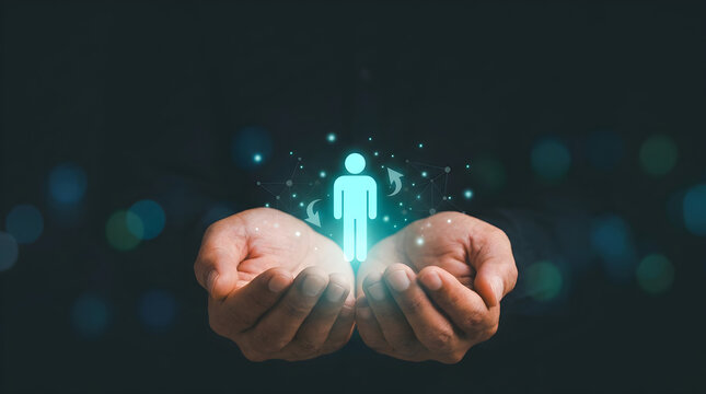 Two hands cupping glowing cyan digital human figure icon in dark background representing employee talent management human resource recruitment leadership development and workforce care concept