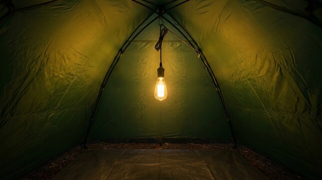 A warm glowing light bulb hanging inside a dark green camping tent at night.