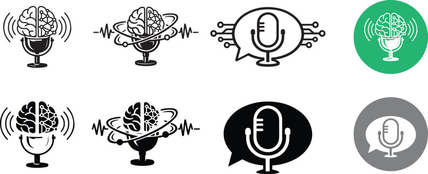Collection of conceptual microphone logos representing podcasting and artificial intelligence