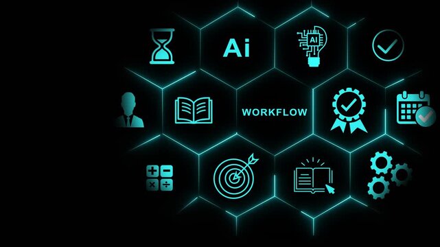 Artificial intelligence workflow concept with glowing hexagonal digital business automation and data management technology background animation