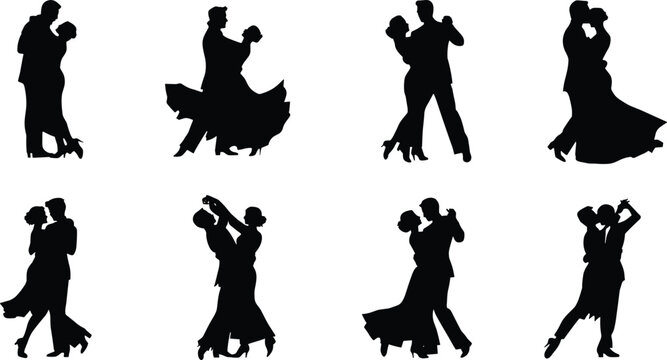 Romantic Dancing Couple Silhouette Collection with Elegant Ballroom Dance Poses Isolated on White Background Vector Set