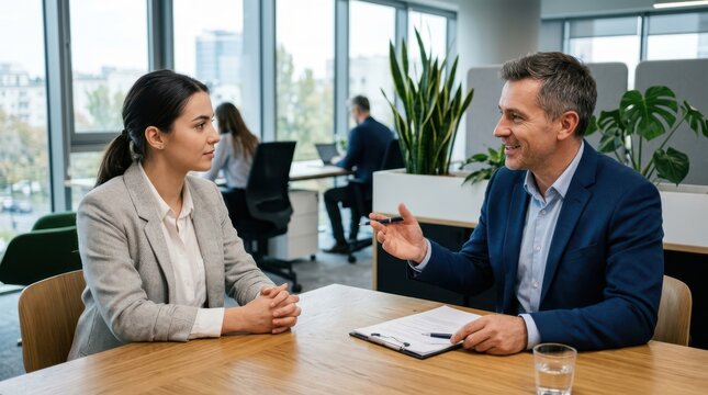 Business professionals in modern office setting discussing career advancement and contract details during a one on one meeting