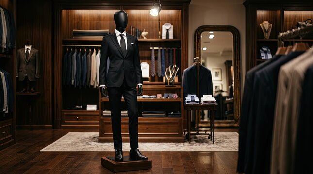 A dark, luxurious suit shop displays a mannequin wearing a black suit. The mannequin stands in a richly decorated room with wooden shelves filled with suits and shirts.