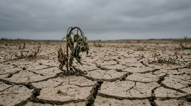 A withered plant stands alone on a cracked, barren landscape under a cloudy sky. The dry soil is deeply furrowed, indicating severe drought conditions.