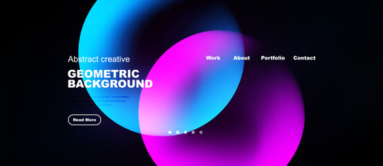 Naklejka premium Abstract design features vibrant gradients, geometric shapes, dark background. Minimalist website header includes navigation options, button.