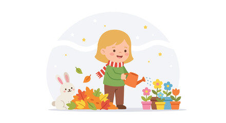 Naklejka premium A cute blonde girl wearing a scarf is watering colorful potted flowers next to a white rabbit and a pile of autumn leaves in a vector art.