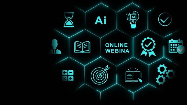 Online webinar and e-learning concept with digital and ai technology interface on hexagonal grid for virtual education and business training