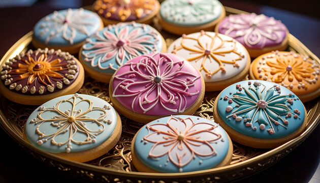 Decorated Flower Icing Cookies on Elegant Golden Tray