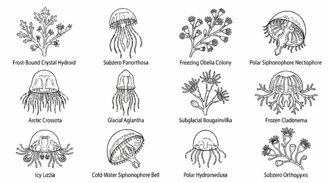 Vintage Scientific Illustration of Various Jellyfish and Marine Organisms in Black and White Sketch Style.