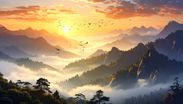 Sunrise over Misty Mountain Peaks with Birds