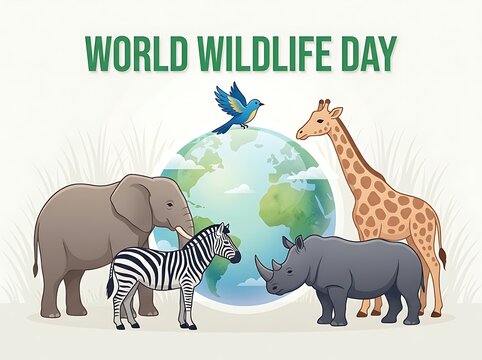 Colorful world wildlife day illustration with animals and globe celebrating nature conservation and biodiversity awareness