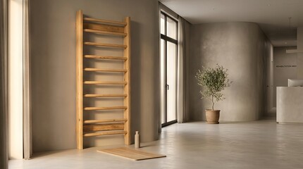 Fototapeta premium Modern Home Gym Interior with Wooden Wall Bars and Minimalist Decor.