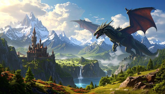 Majestic Dragon Flying Over Fantasy Castle and Snowy Mountains