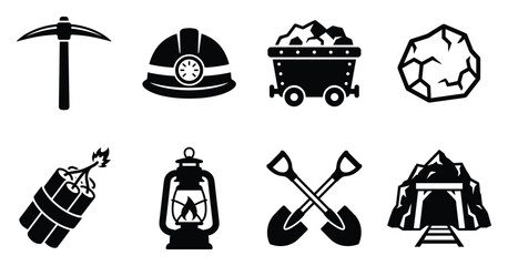 Mining Industry Vector Icon Set with Pickaxe Helmet Coal Cart Dynamite Lantern Shovel Tunnel Rock Symbols, Underground Extraction Equipment Silhouette, Industrial Flat Glyph Collection Bundle © Sami