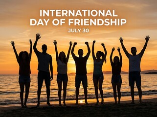 Fototapeta premium Group of happy friends celebrating together at sunset on the beach for international friendship day