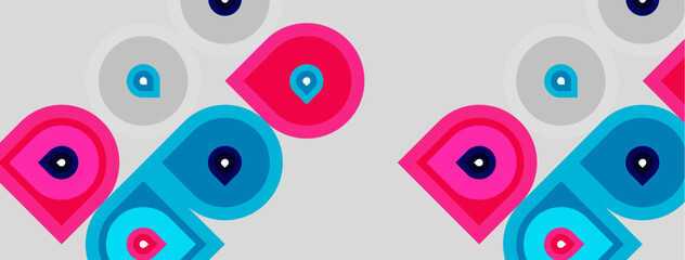 Fototapeta premium Geometric pattern features overlapping circles, squares, pink, blue, teal colors. Minimalist design with location pin icons.
