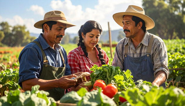 Organic Farmers Harvesting Fresh Vegetables in Sunlit Field
