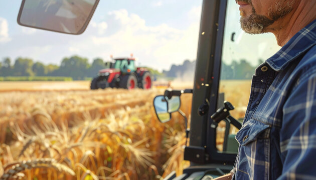 Farmer driving tractor during wheat harvest in sunny field