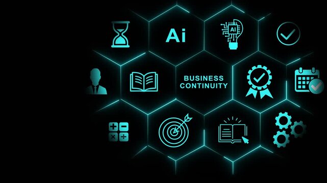 Business continuity and ai technology concept with digital hexagon network and corporate strategy symbols for enterprise solutions