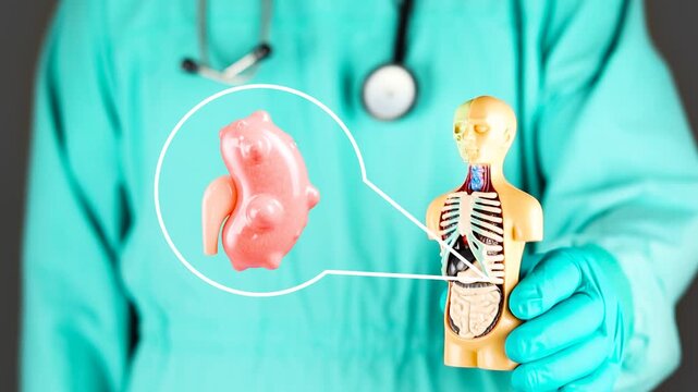 A healthcare professional presents an anatomical model next to a kidney with cysts. Concept of kidney health, nephrology, cystic pathology, prevention of polycystic kidney disease.