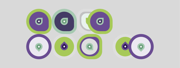 Fototapeta premium Abstract pattern features circles, droplets. Purple, green hues dominate neutral background. Simple design, geometric shapes present.