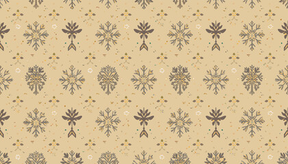 A seamless vintage damask pattern with snowflake motifs and floral elements on a textured beige background. © Uchiha
