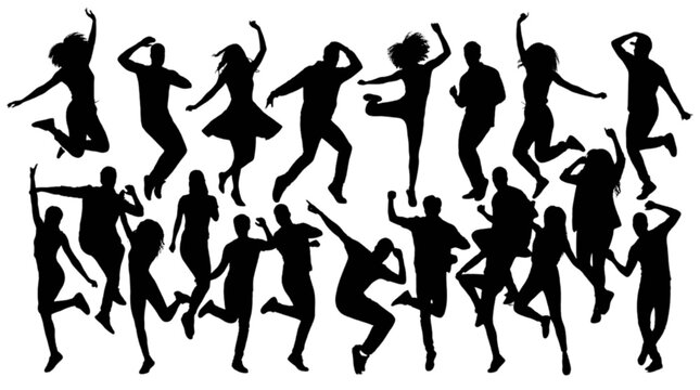 Silhouette people dancing and jumping in a joyful group isolated on transparent background, Vector