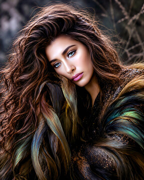 Gaia inspired fantasy woman portrait with flowing hair, feathered fashion cloak, luminous eyes, and Mother Nature elegance in moody woodland light, mystical beauty for wall art and book covers.