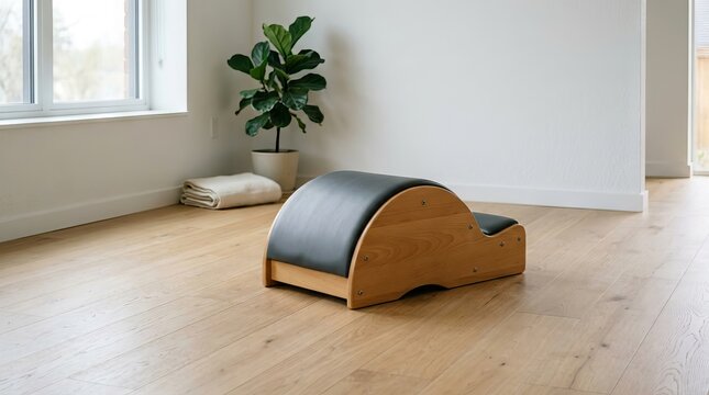Pilates Spine Corrector on wooden floor in bright minimalist studio.