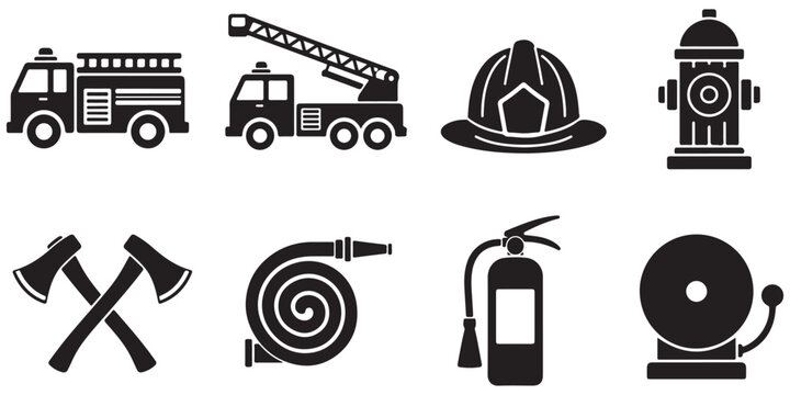 Fire Department Icons silhouette, emergency service set, vector isolated on white