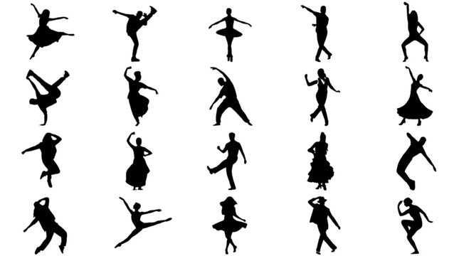 Silhouette dancers performing various dynamic poses in a row isolated on transparent background, Vector