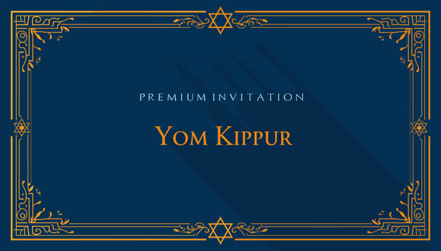 A premium invitation card for Yom Kippur with an elegant gold border and Star of David motifs on a deep blue background.