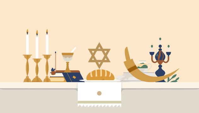 An illustration depicting various Jewish religious and cultural symbols including candles, a Kiddush cup, Star of David, challah, shofar, and menorah on a table.